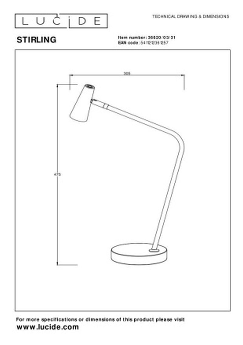 Lucide STIRLING - Dobíjacia stojaca lampa na čítanie - Batéria - LED Dim. - 1x3W 2700K - 3 StepDim - Biela